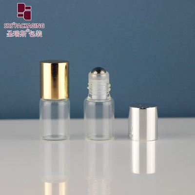 BLP-2ML بدون نشتی، بطری شیشه ای رنگی کهربایی شفاف خالی مینی ناز با گلوله فولادی برای عطر اسانس