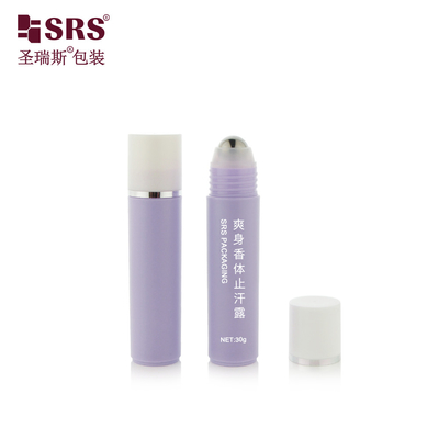 RPP-30ml تزریق بنفش درخشان ماتی به پایان رسید کلاه سفید با چاپ حلقه نقره ای استیل توپ ماساژ مو سرم بطری رول